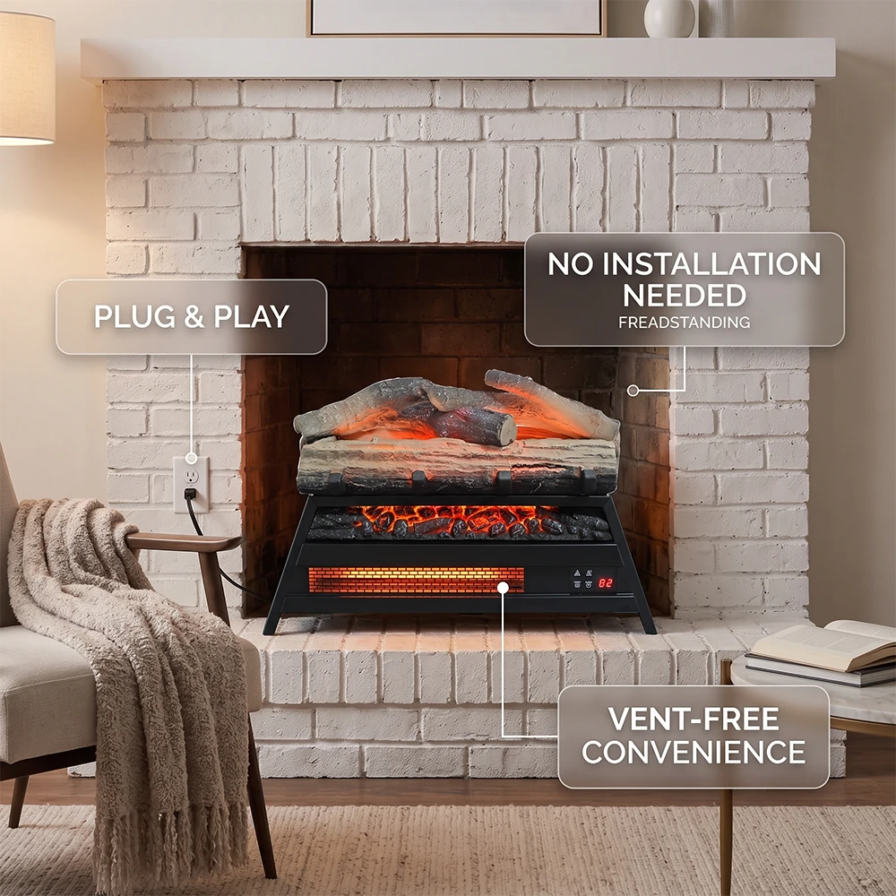 Plug and play vent-free electric fireplace insert with no installation needed