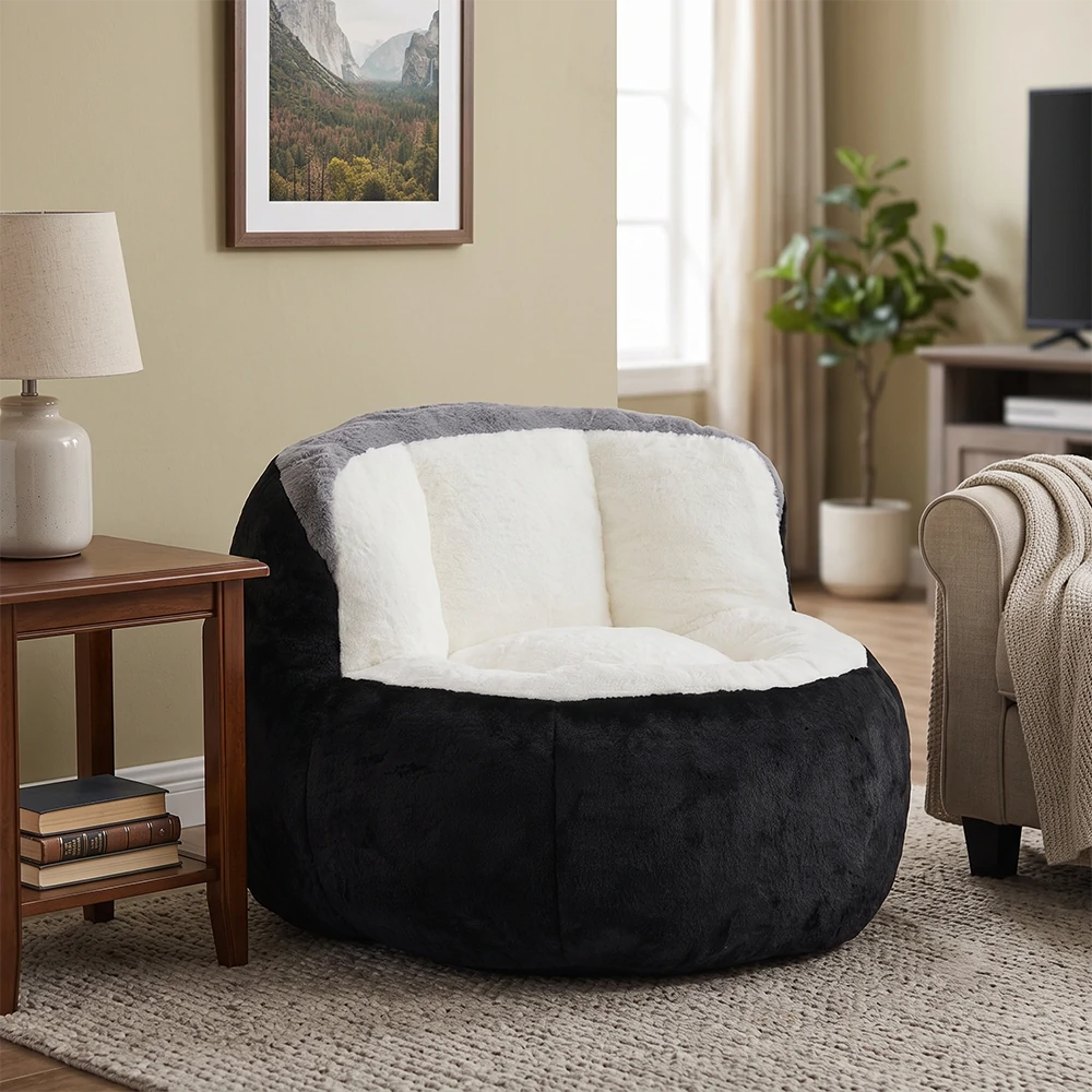 Plush black bean bag chair in cozy living room