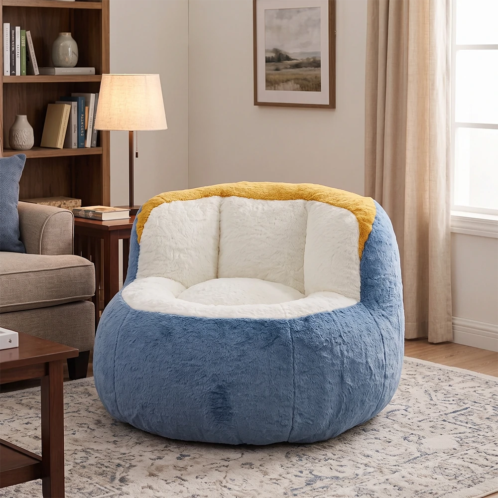 Plush blue bean bag chair in modern living room