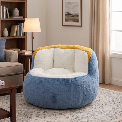 Plush blue bean bag chair in modern living room