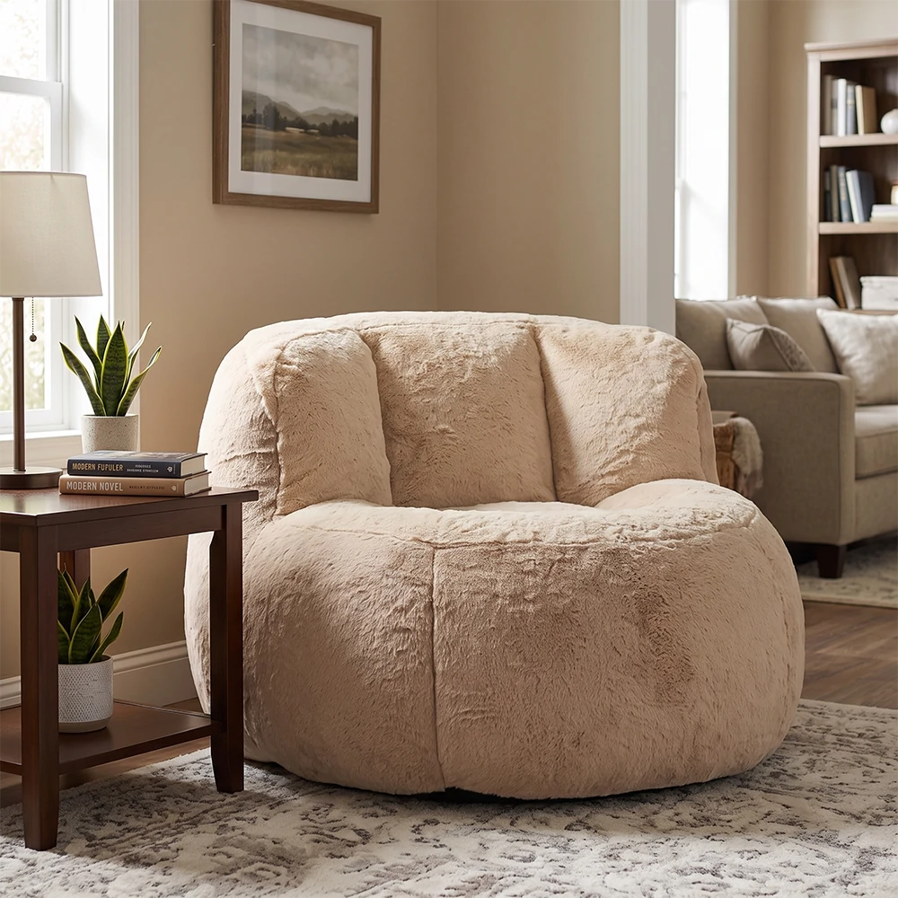Plush brown bean bag chair in cozy living room