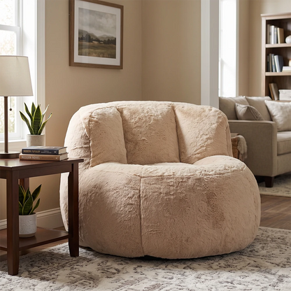 Plush brown bean bag chair in cozy living room