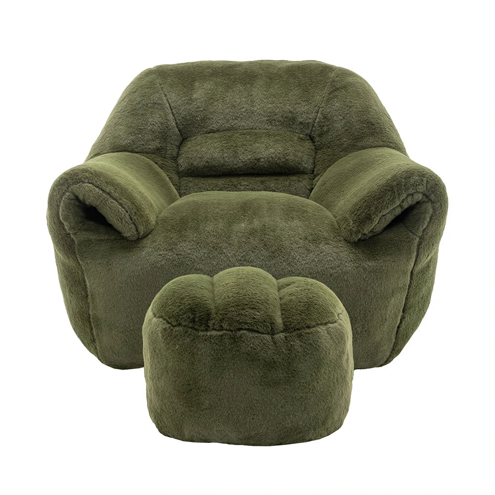 Plush green armchair and matching ottoman front view