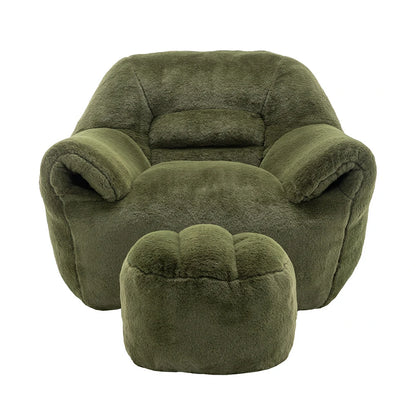Plush green armchair and matching ottoman front view