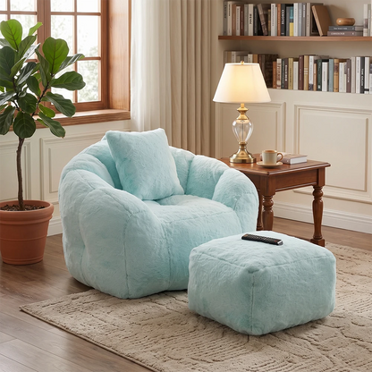 Plush light blue bean bag chair set in cozy living room