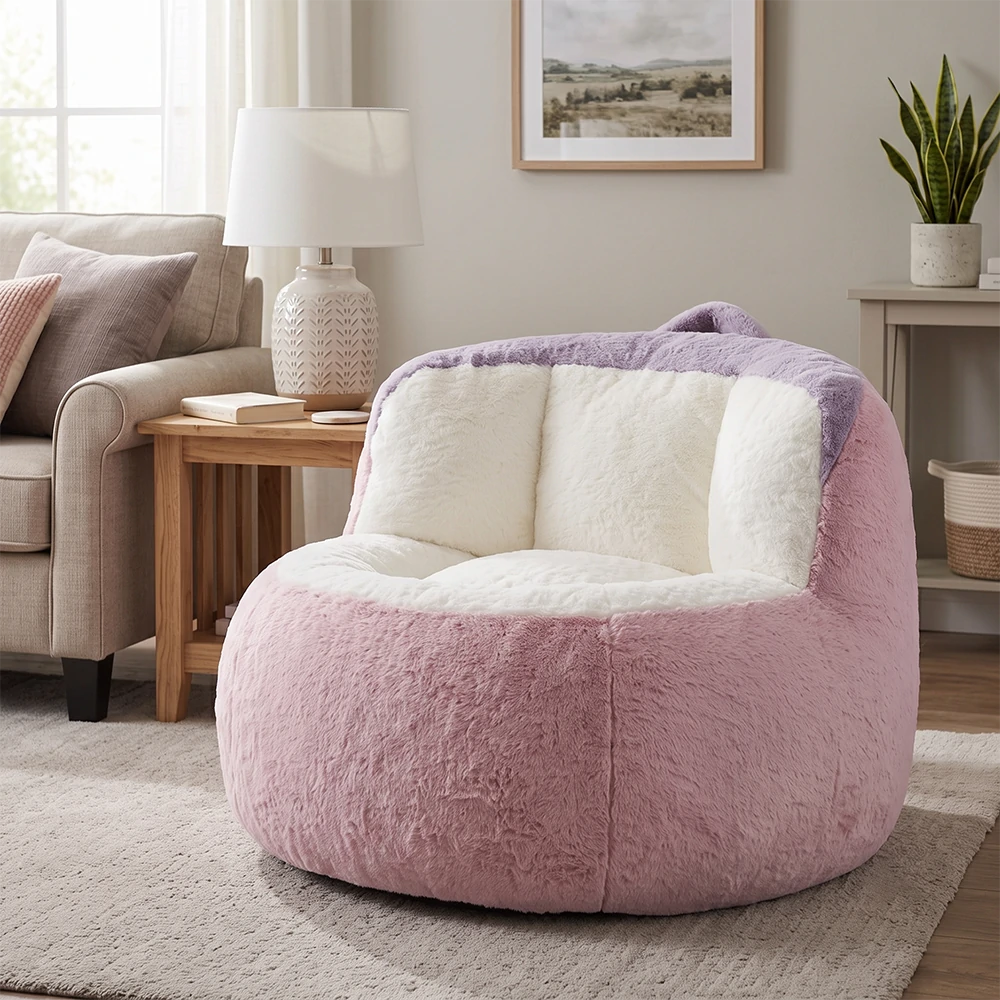 Plush pink bean bag chair in cozy living room