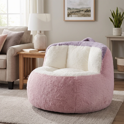 Plush pink bean bag chair in cozy living room