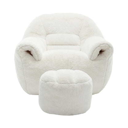 Plush white armchair and matching ottoman front view