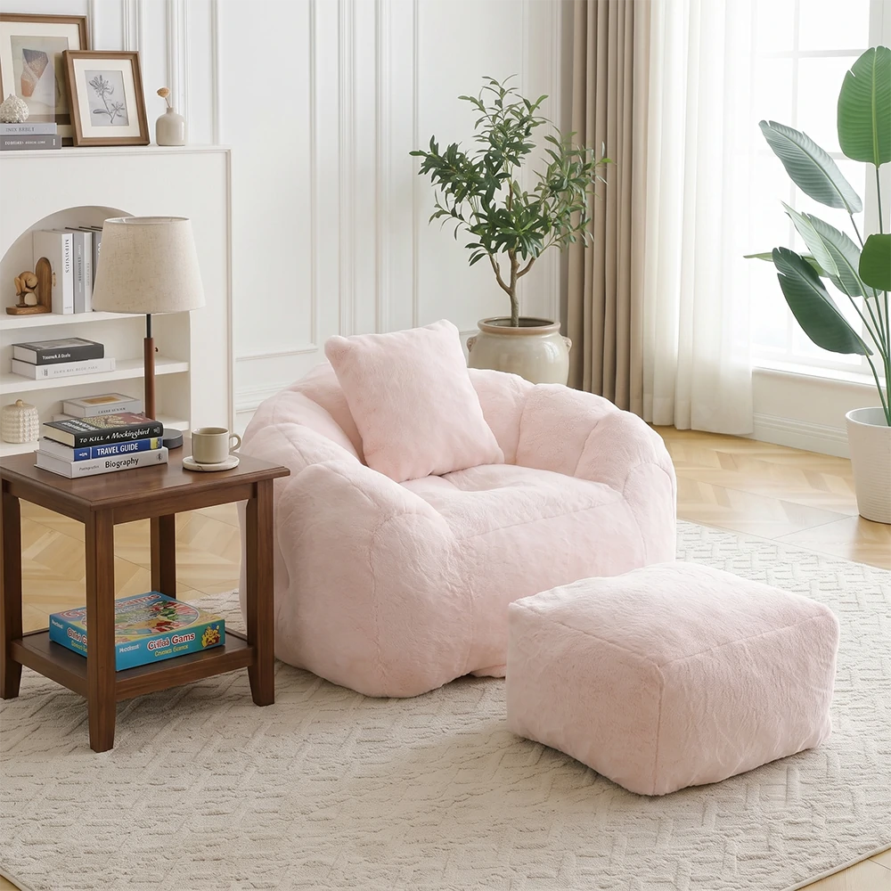 Plush pink bean bag chair set in cozy living room