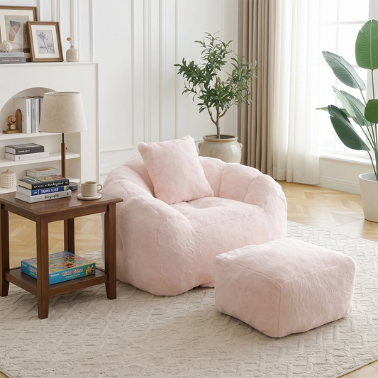 Plush pink bean bag chair set in cozy living room