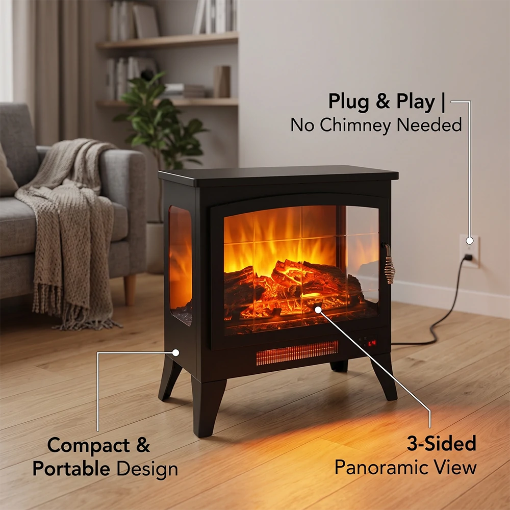Portable 3-sided panoramic view electric stove heater plugged into standard outlet in living room
