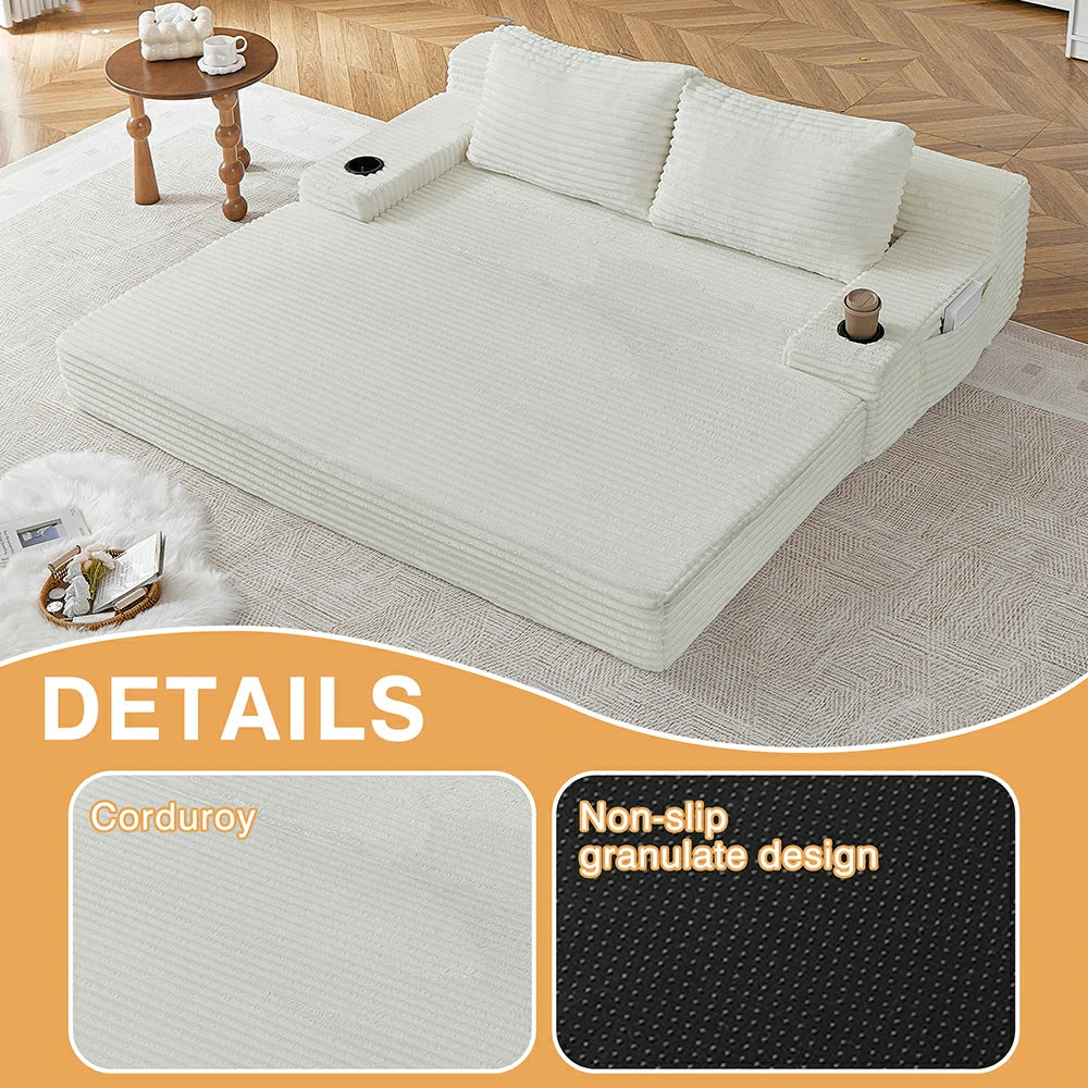 71" Convertible Corduroy Sleeper Sofa Bed with Built-in Cup Holders & Side Pockets