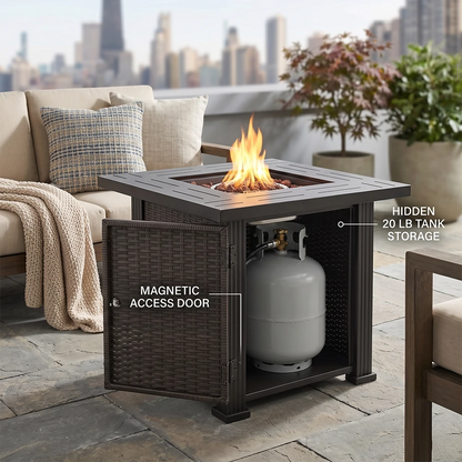 Propane fire table with magnetic side door showing hidden 20 lb tank storage