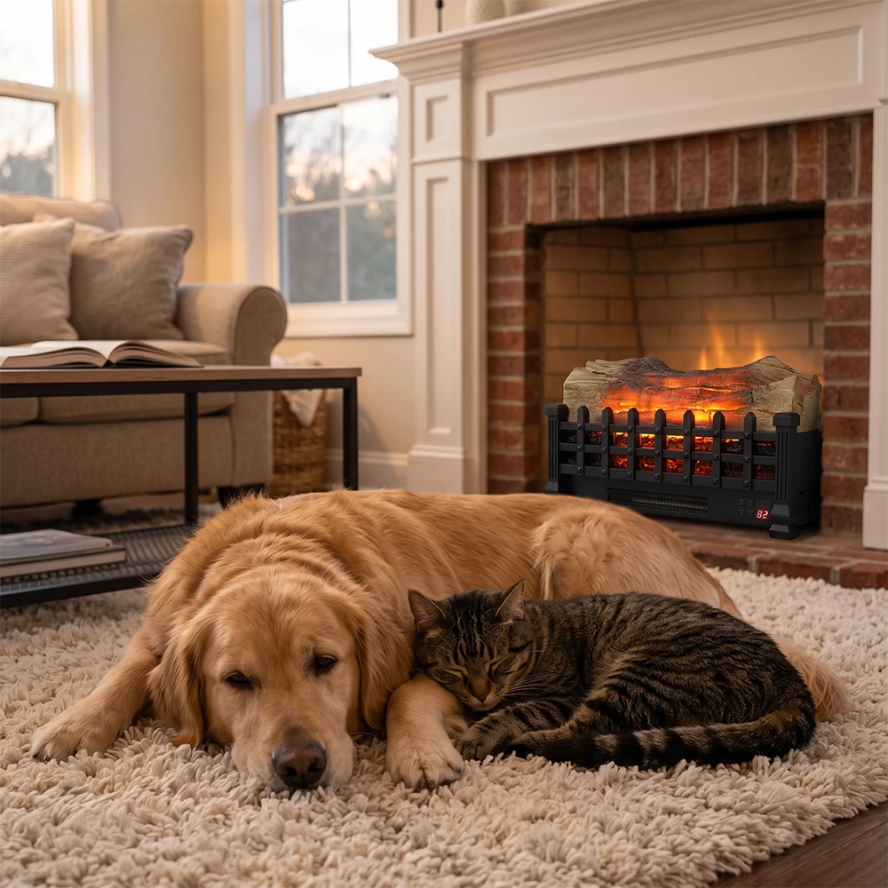 Realistic glowing fireplace log insert installed in traditional brick fireplace with pets resting