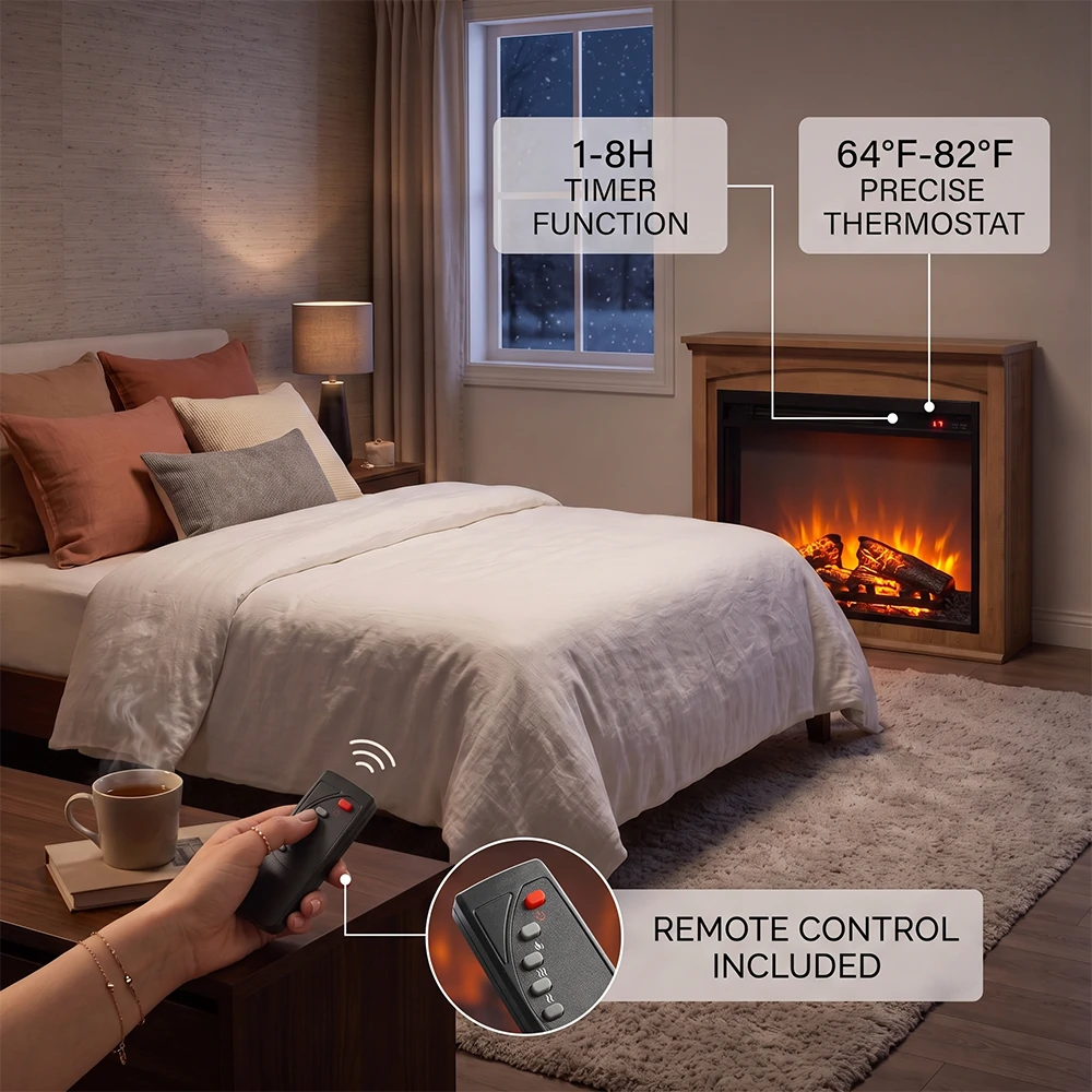 Remote Control Electric Fireplace Heater in Bedroom with Thermostat and Timer
