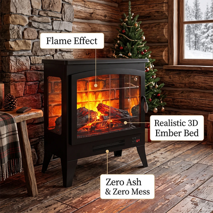 Rustic log cabin electric fireplace heater with realistic 3D ember bed and zero ash mess