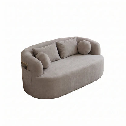 Side angle of curved 2-seater sofa with side pocket
