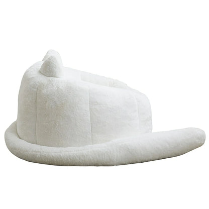 Side angle of plush white faux fur cat bean bag chair with long tail
