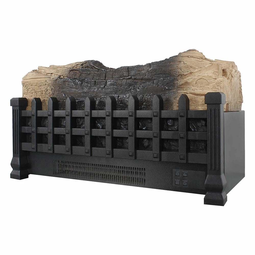 Side angle view of freestanding electric fireplace log set showcasing powder coated metal finish