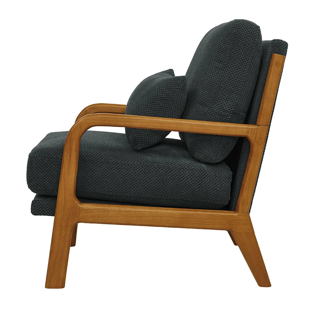 Side view Dark gray lounge chair with solid wood legs and lumbar pillow