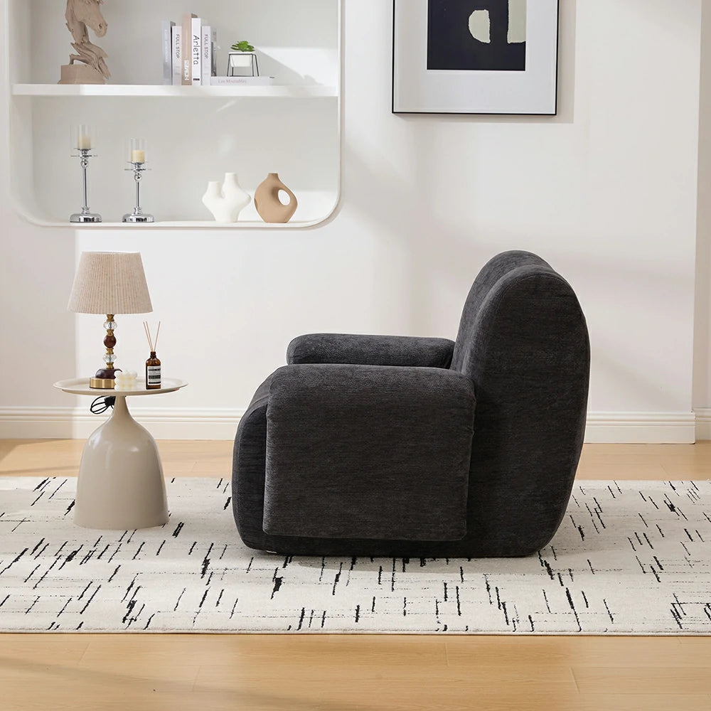 Side view Deep seat black chenille single lounge chair