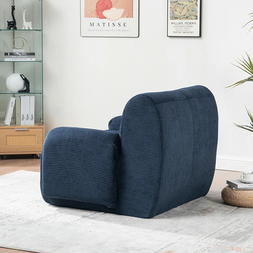 Side view Deep seat navy blue chenille lounge chair