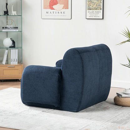 Side view Deep seat navy blue chenille lounge chair