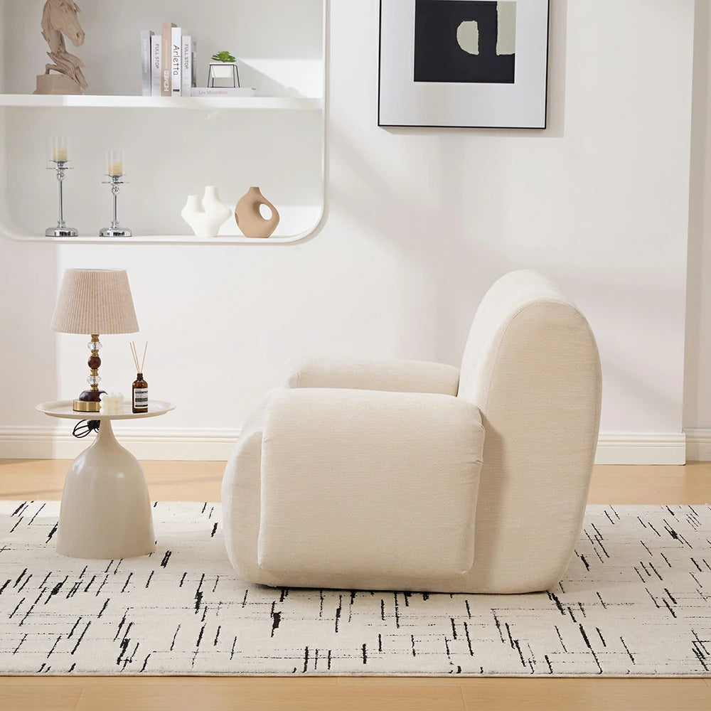 Side view Modern white chenille armchair.webp