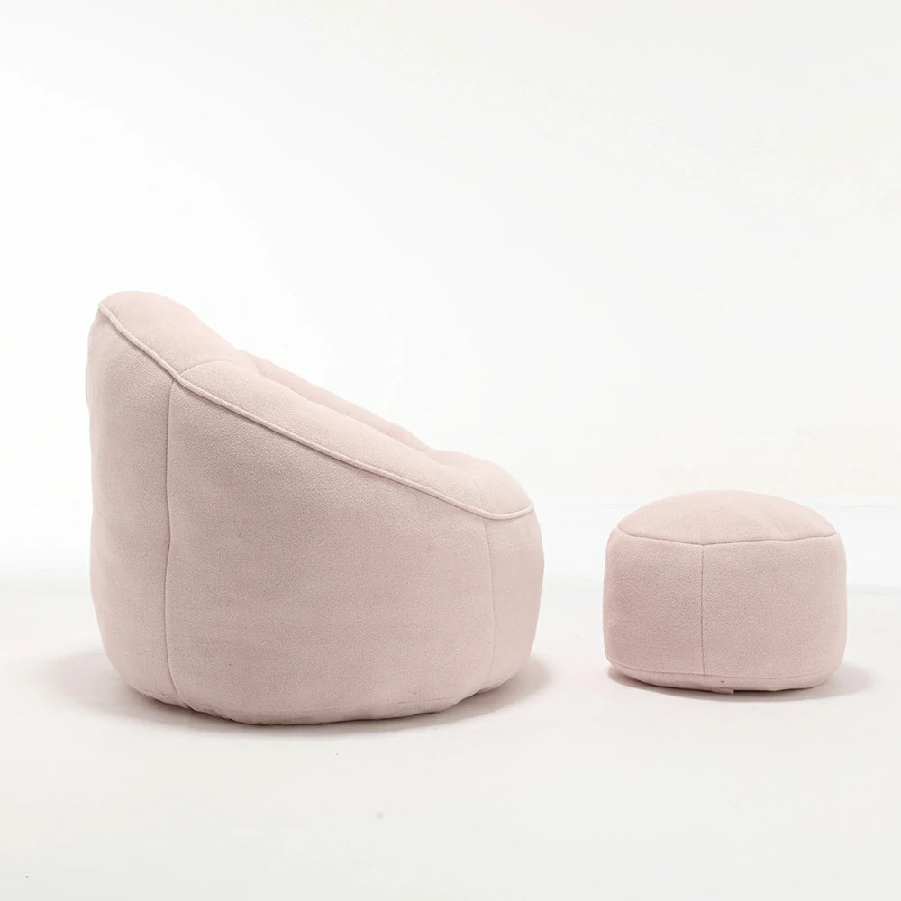 Side view Pink bean bag chair and footstool set