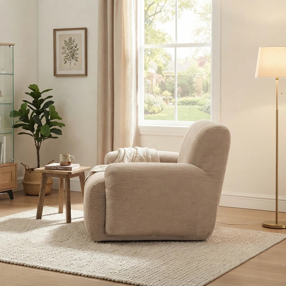 Side view Taupe striped chenille accent chair in a modern living room