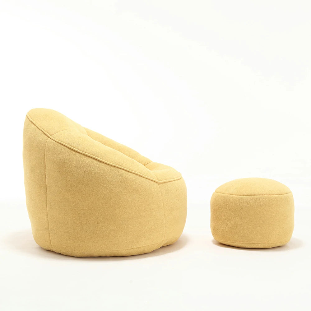 Side view Yellow bean bag  chair and footstool set