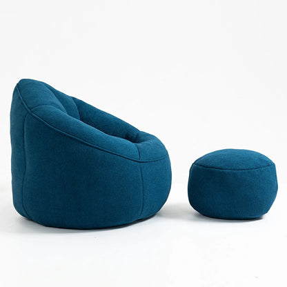 Side view blue bean bag  chair and footstool set