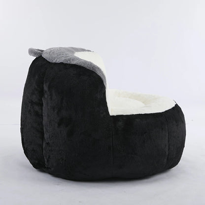 Side view of plush black bean bag armchair