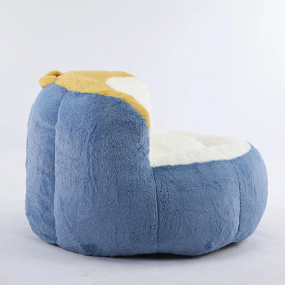 Side view of plush blue bean bag armchair