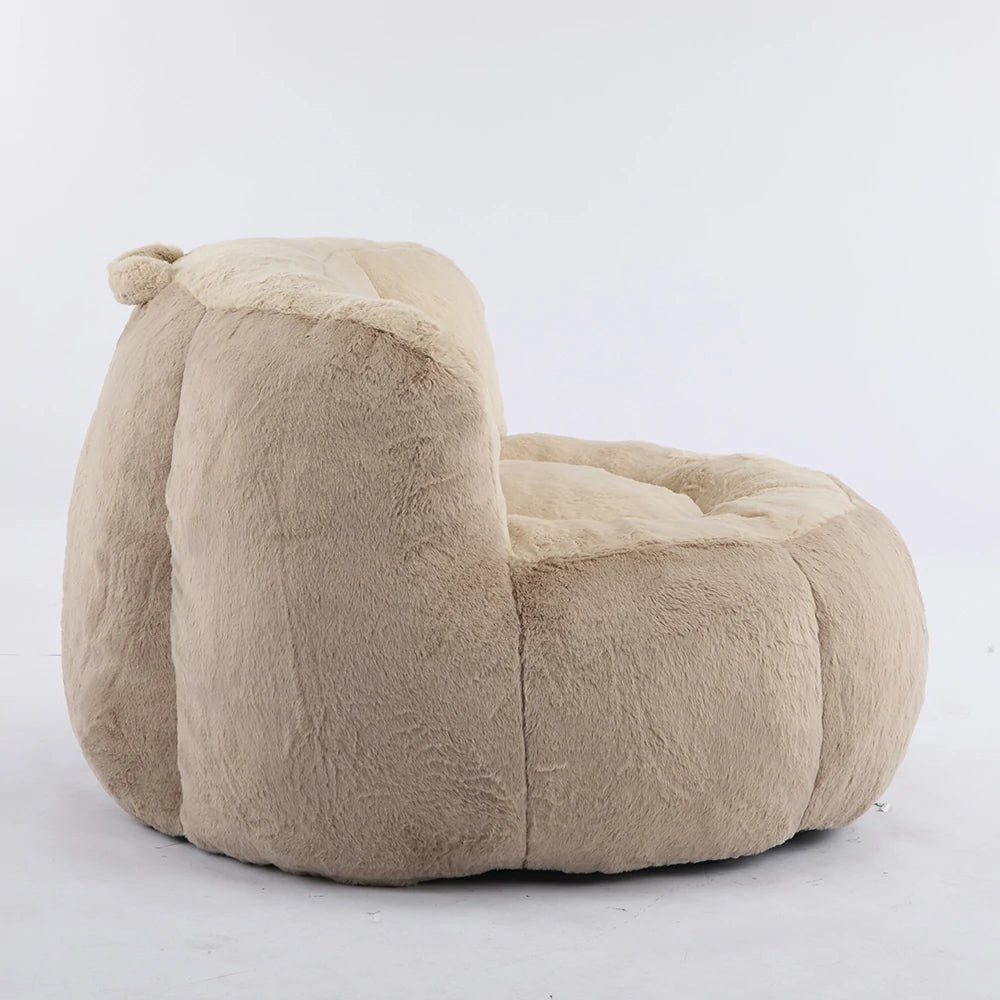 Side view of plush brown bean bag armchair