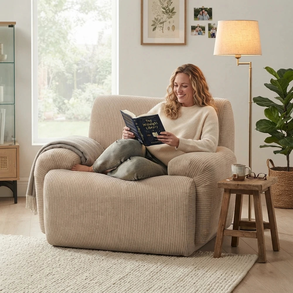 Soft taupe chenille lounge chair with deep seat
