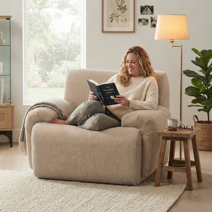 Soft taupe chenille lounge chair with deep seat