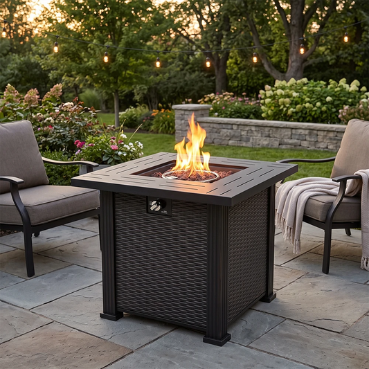 Square black steel gas fire pit table with realistic faux woven texture panels and warm flames