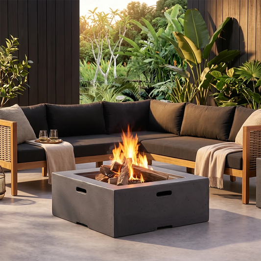 Square concrete wood fire pit on tropical outdoor deck