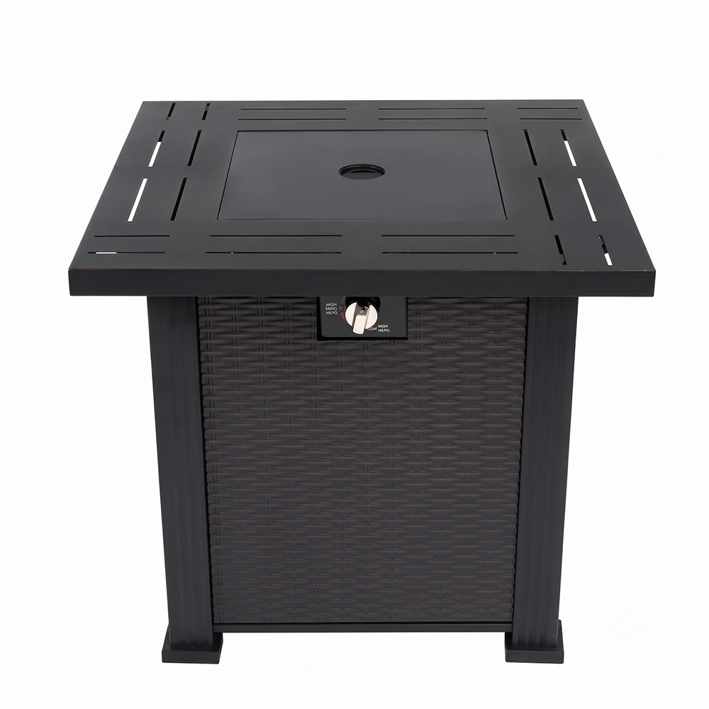 Square steel outdoor fire pit table with matching lid in black finish