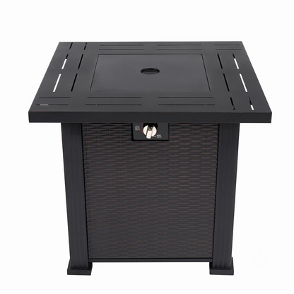Square steel outdoor fire pit table with matching lid in black finish