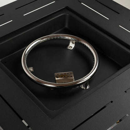 Stainless steel ring burner in black steel fire pit table bowl