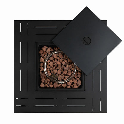 Top view of square fire pit table with lava rocks and removable lid
