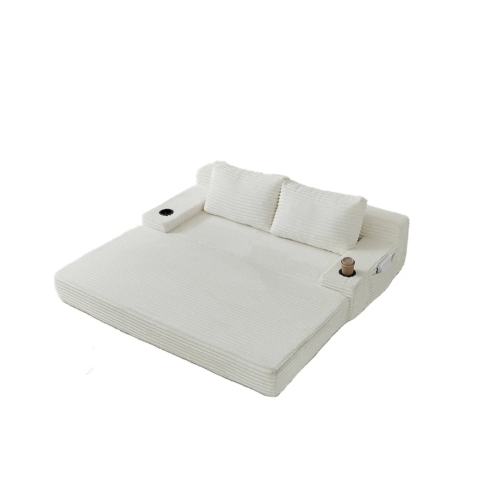 Unfolded beige corduroy double sleeper sofa bed
