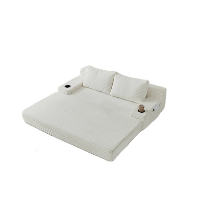 Unfolded beige corduroy double sleeper sofa bed