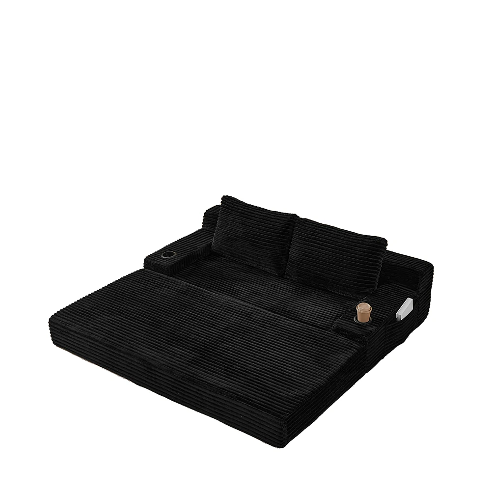 Unfolded black corduroy 2 in 1 folding sleeper floor mattress bed.webp