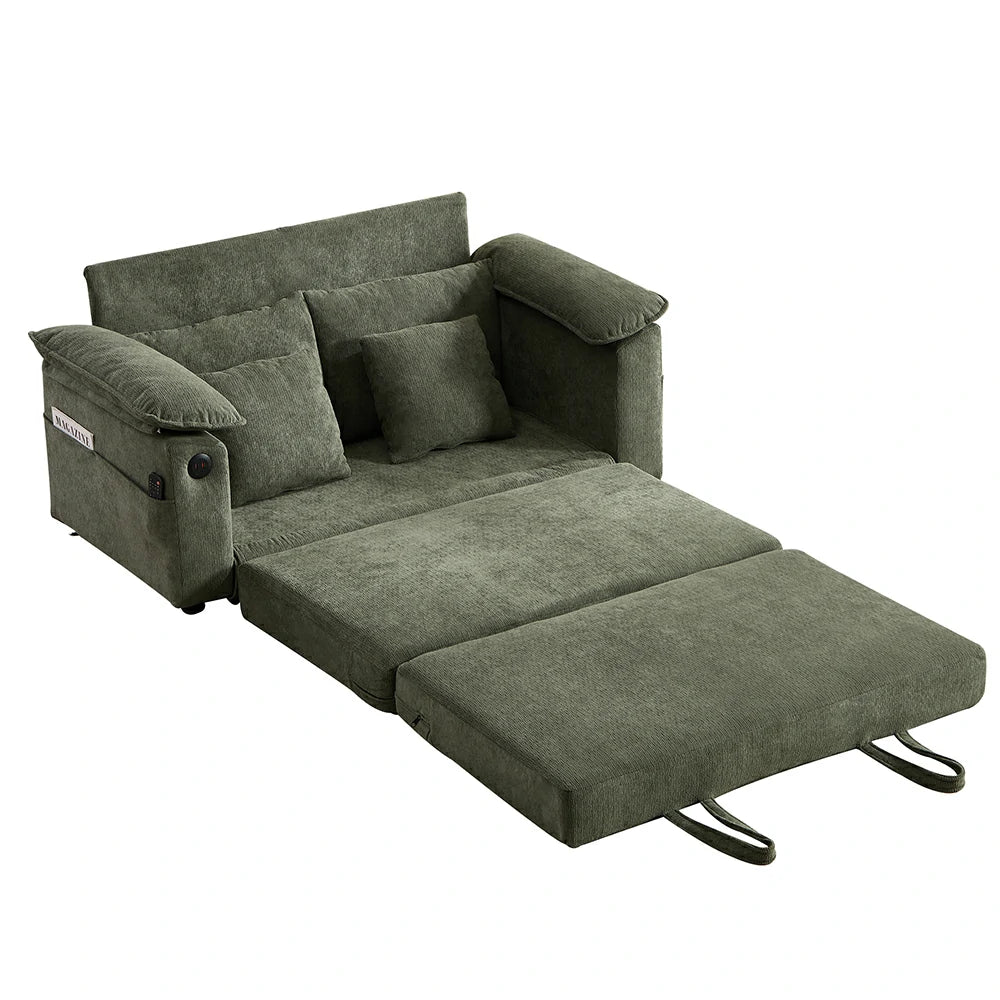 Unfolded green pull out sleeper floor mattress sofa bed isolated