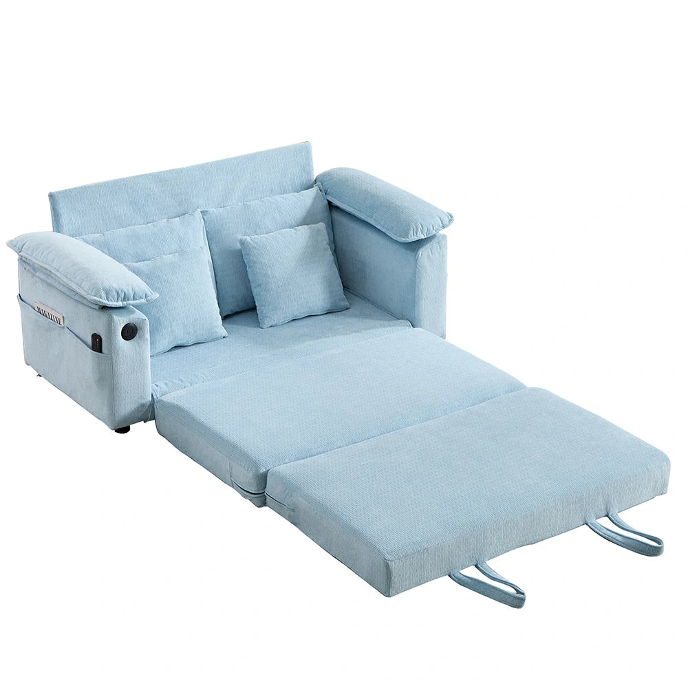 Unfolded light blue 3-in-1 pull-out sleeper mattress sofa bed for small spaces