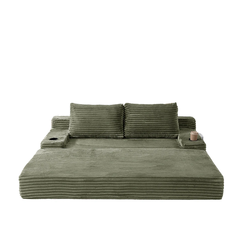 Unfolded olive green corduroy fold out sleeper sofa bed.webp