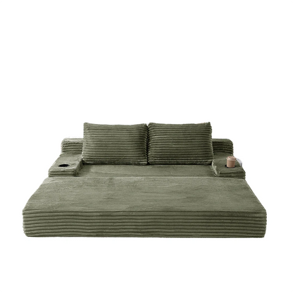 Unfolded olive green corduroy fold out sleeper sofa bed.webp